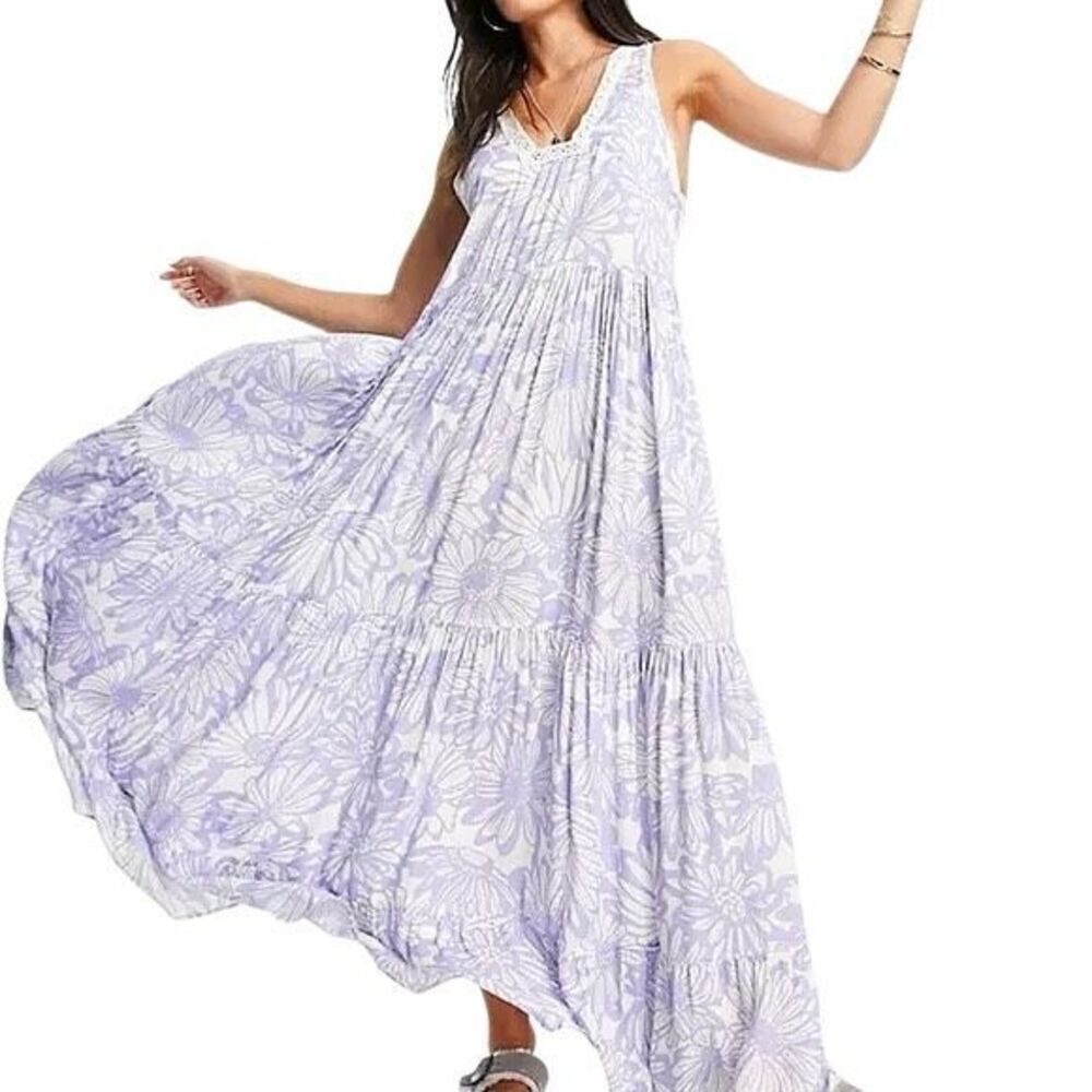 Free People Blue White Floral Tiers for You Maxi Dress Crochet Trim Boho Summer